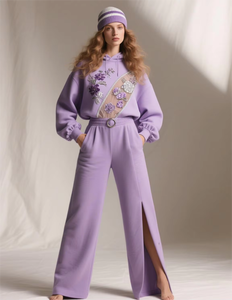 Custom Women's <b>Embroidery</b> Streetwear Heavy Pullover Tracksuit Vintage Distressed Embroidered Flared Sweatpants and Hoodie <b>Set</b> - Product Image 5