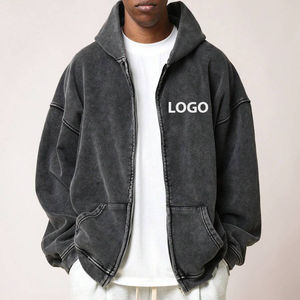 Sweat à capuche zippé personnalisé en molleton épais 100% coton, style streetwear hiver, coupe oversize, brodé, délavé à l'acide vintage, gris, style urbain - Product Image 5