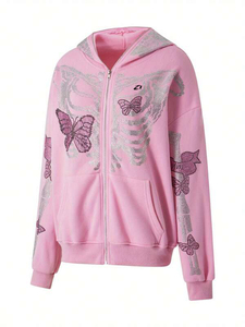 Sweat à capuche zippé en molleton de coton, motif papillon squelette en strass, coupe oversize, style streetwear, fabrication sur mesure - Product Image 4