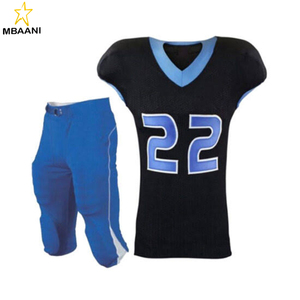 Maillot de football américain pour homme MBAANI, col en V, sans manches, uniforme en mesh sublimé, évacuation de l'humidité, 100% polyester, ensemble pantalon bleu - Product Image 1