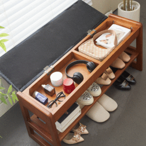 Sgabello Portascarpe in Legno Durevole da 40 Pollici con Cuscinetti in PU, Scarpiera a 2 Livelli con Panca d'Ingresso e Contenitori - Product Image 6