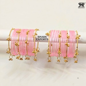 Pink Gold Plated 2mm 32-Piece Kashmiri Jelly Glass Bangles Set Ghungru Both Hands Traditional Indian Chudi Women Wedding Bridal - Product Image 5