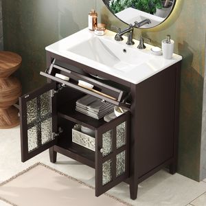 Mobile da Bagno da 30 Pollici con Gambe in Legno Massello e Lavabo in Ceramica, Dotato di Ripiano Regolabile e Vassoio Estraibile - Product Image 2