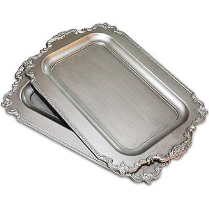 Juego de 2 bandejas de servicio plateadas vintage, rectangulares, estilo antiguo, con bordes barrocos con relieve real, para té y café - Product Image 3