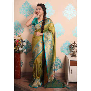 Sari de Seda Paithani Verde con Bordado Zari y Diseño de Pavo Real, Tejido Tradicional, 650g, Elite Weaves - Product Image 2