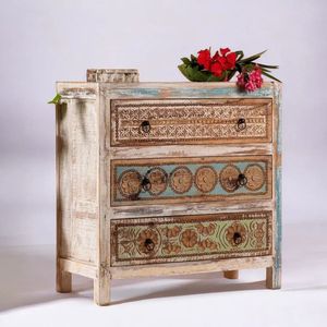 Handcrafted Recycled Wood 3 Drawer <b>Chest</b> Antique Cabinet Carved <b>Storage</b> Drawer Cabinet for Living Room Bedroom - Product Image 4