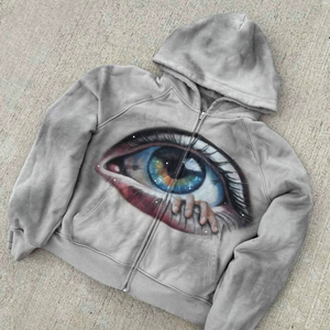 Sweat à capuche zippé intégral personnalisé pour homme, en coton 100% grammage lourd, délavé à l'acide, avec imprimé œil, style streetwear, coupe oversize, haute qualité, 2026 OEM - Product Image 2