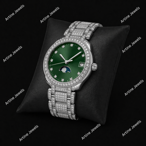 Montre bracelet argentée avec cadran vert, diamants incrustés, affichage de la phase lunaire et de la date, montre de luxe tendance pour hommes et femmes - Product Image 2