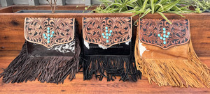 Bolso cruzado hecho a mano con flecos de piedra turquesa de cactus de cuero genuino occidental para mujer - Product Image 3