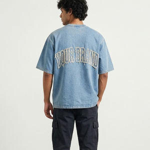 T-shirt surdimensionné à col en V pour hommes, vintage, bleu, en coton chenille, avec lettres, style streetwear, vêtements streetwear surdimensionnés - Product Image 1