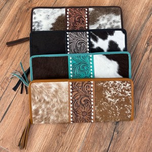 Organisateur de bijoux en cuir de vachette véritable usiné à la main, mode occidentale vintage, en cuir véritable, Turquoise, avec pompon floral, bijoux portables - Product Image 3