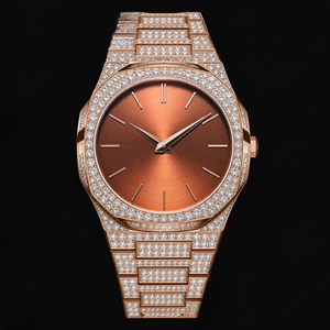 Rose Gold Crystal Set <b>Watch</b> With Copper Sunburst Dial Minimal Markers Sparkling Bezel Elegant Luxury Fashion Timepiece For Men - Product Image 1
