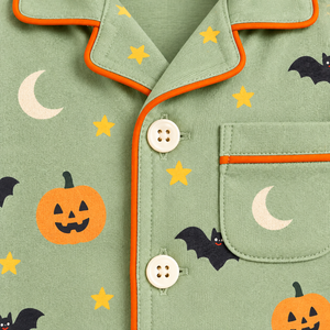 Conjunto de pijama de Halloween para bebé, estampado de calabaza, murciélago y luna, camisa de manga larga con botones, pantalones, ropa de dormir suave para bebés y niños pequeños - Product Image 5