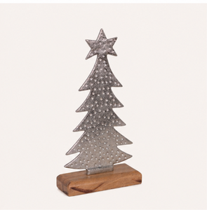 Modern Silver Aluminum Handcrafted Christmas Tree Sculpture With Solid Wooden Base Hammered Metal Tabletop Holiday <b>Decoration</b> - Product Image 1
