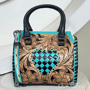 Sac de voyage en cuir artisanal Western avec motif cœur turquoise, sac fourre-tout, sacoche cylindrique, sacs à main de mode pour femmes - Product Image 1