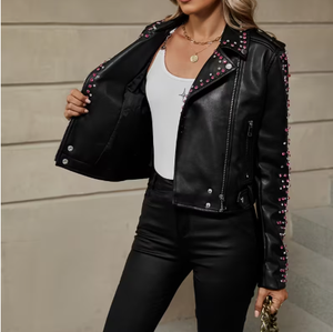Women's Genuine Leather Moto <b>Jacket</b> With <b>Rhinestone</b> Rivet Decoration Turn-Down Collar Full Sleeve Autumn Style Premium leather - Product Image 2