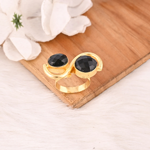 Elegant Gold Plated Black Onyx Dual Stone Gemstone <b>Ring</b> Handmade Adjustable Stylish Jewelry for Women - Product Image 2