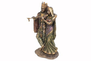 Estatua Tradicional Hecha a Mano de Resina de Radha Krishna Tocando Flauta, Acabado Metálico Cobre Antiguo, Ídolo de Pareja Divina para Mesa del Hogar - Product Image 4