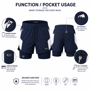 Double <b>Layer</b> Athletic Shorts for Men Breathable Mesh Panels and Zip Pocket Custom OEM Branding for Wholesale Sportswear Orders - Product Image 4