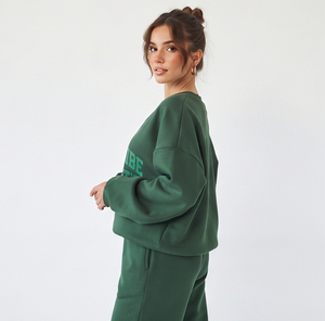 Ensemble de survêtement décontracté vert pour femme, col en V, coupe ample, imprimé, manches longues, en molleton de coton, pantalon oversize - Product Image 3