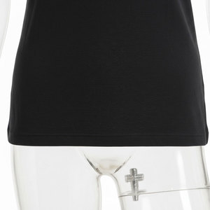 T-shirt en molleton tricoté noir à col rond et manches courtes pour femme, coupe classique, décontracté, respirant, 100 % coton, longueur normale, boutons sur le devant - Product Image 5