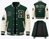 Chaqueta Varsity Unisex Verde con Letra R, Cierre de Botones, Bolsillo Frontal Bordado, Corte Regular, Estilo Urbano, Ropa de Invierno 3D