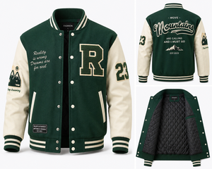 Chaqueta Varsity Unisex Verde con Letra R, Cierre de Botones, Bolsillo Frontal Bordado, Corte Regular, Estilo Urbano, Ropa de Invierno 3D - Product Image 5