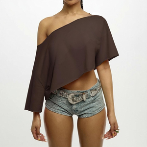Haut court asymétrique à une épaule pour femme, couleur unie, coupe ample, manches trois quarts, 100 % coton tricoté, style vintage - Product Image 1