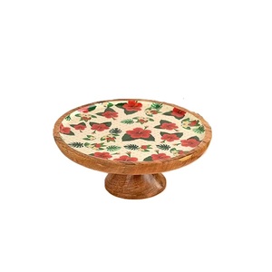 Round Ceramic Cake Platter Blue Floral Pattern Handmade Wooden Base Serving <b>Tray</b> Dessert Display 1 Piece - Product Image 2