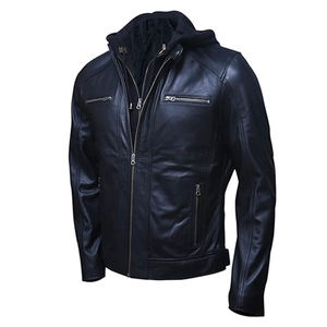 Veste en cuir véritable à capuche noire pour homme, style motard, fermeture éclair, coupe-vent, doublure en fausse fourrure, vêtement d'automne - Product Image 1
