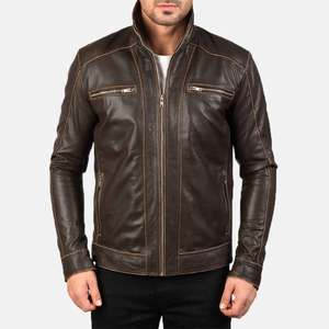 Men's Genuine Leather Moto <b>Jacket</b> Stand Collar Zipper Closure Slim Fit Autumn Wear - Product Image 4
