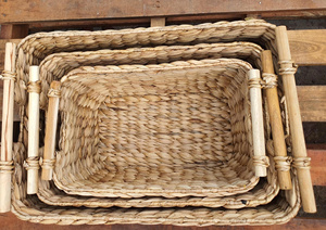 Handmade Modern Bohemian <b>Small</b> Rectangular Storage <b>Basket</b> Woven Wood Trunk Water Hyacinth <b>Handles</b> Multifunctional Home Organiser - Product Image 5