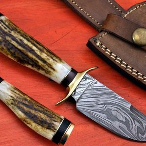 Couteau de chasse à lame fixe en acier Damas fait main, manche en bois de cerf, pointe tombante - Product Image 6