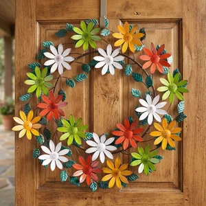 Corona de Flores de Margarita Metálica Colorida, Flores Multicolores Pintadas a Mano, Elegante Decoración de Pared para la Puerta Principal de Primavera - Product Image 5