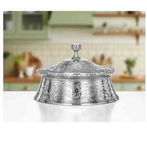 Plat de service rond en acier inoxydable martelé argenté avec couvercle, plat de service décoratif pour buffet, plat de service pour la maison - Product Image 2