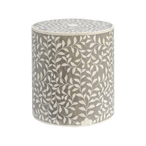 Taburete Otomano con Incrustaciones de Hueso y Motivos Florales, Cilíndrico, para Sala de Estar, Dormitorio, Hotel, a Precio de Mayoreo - Product Image 1