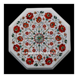 Plateau de table basse en marbre blanc de forme octogonale, de haute qualité, avec incrustation florale en lapis-lazuli, pour la décoration de café. - Product Image 2