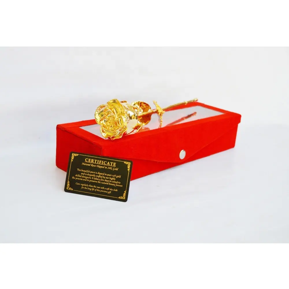 वेलेंटाइन दिवस के लिए सोना मढ़वाया प्राकृतिक गुलाब रियल गुलाब फूल में डूबा सोने मखमल कोटिंग के साथ लकड़ी के बक्से और प्रमाण पत्र