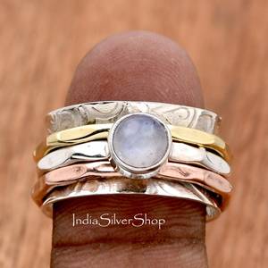 Natural Rainbow Moonstone Pave Setting 925 Sterling <b>Silver</b> Handmade Multi-Band <b>Stacking</b> <b>Ring</b> for Men - Product Image 6