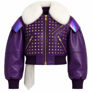 Blouson Bomber en Cuir Violet Personnalisé Col Rond Fermetures Éclair Clous Dorés Coupe Courte Écoresponsable Mode Hiver Manteaux de Motard Unisexe - Product Image 5