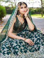 Gaun Lehenga Choli Hijau Zamrud Bordir Bunga Dua Potong Pakaian Pernikahan Bollywood Dengan Dupatta