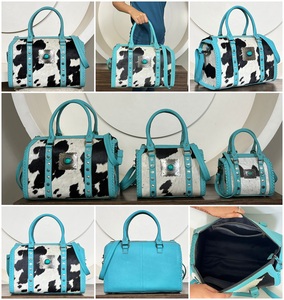 Luxury Turquoise Genuine Leather Cowhide Western Speedy <b>Bag</b> Handbag With Concho <b>Studded</b> Barrel Duffel Crossbody <b>Bag</b> for Unisex - Product Image 3