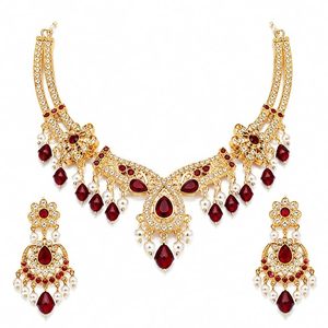 Ensemble collier et boucles d'oreilles en alliage plaqué argent avec pierres de zircon rouge, design floral, bijoux de mariage classiques pour femmes - Product Image 1