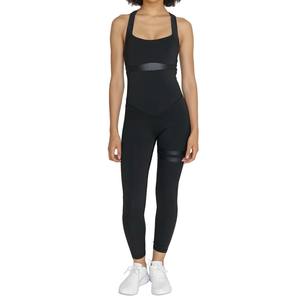 Mono Deportivo Elástico de Una Pieza para Mujer, Diseño Sólido, Negro, Sin Mangas, Cuello Redondo, con Banda en la Cintura - Product Image 1