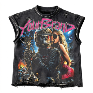 Custom Rhinestone Graphic Heavyweight Oversized Cropped Acid Wash Sleeveless <b>Singlet</b> <b>Men</b> DTG Streetwear T Shirt Custom Rib Neck - Product Image 2