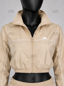 Conjunto Deportivo de Verano para Mujer, Color Beige, Manga Larga, Media Cremallera, Ligero, Poliéster, Estilo Deportivo, Holgado, 2 en 1, Color Sólido, Logotipo Frontal - Product Image 1