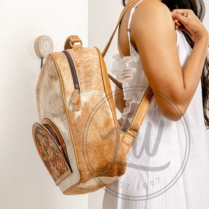 LW Stylish Hot Fashion Hand Tooled Cowhide Fur Leather <b>Backpack</b> Carving Design Water Resistant Magnetic Buckle Closure Summer - Product Image 2