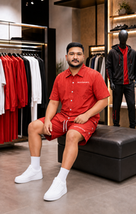 REXFIT SPORTS 2026 Ensemble short et chemise personnalisés pour homme en nylon rouge, chemise à manches courtes boutonnée à motif ton sur ton et short à cordon de serrage - Product Image 4