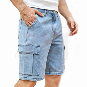 Pantalones Cortos Cargo de Mezclilla para Hombre, Lavado Claro, Cintura Media, Casuales, de Verano, de Algodón, con Bolsillos, Transpirables, Estilo Tejido - Product Image 1