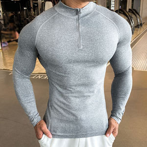 High Quality Long Sleeve Half Zipper Collar <b>Shirt</b> Solid Colors Training Fitness Outdoor Muscle Slim Fit <b>Shirt</b> for Men's - Product Image 3